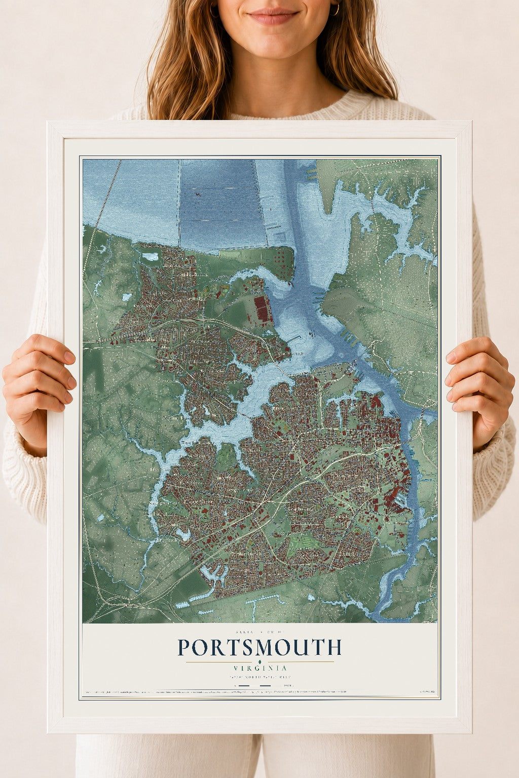 Map of Portsmouth, Virginia, 18 x 24 inch print in a white wood frame