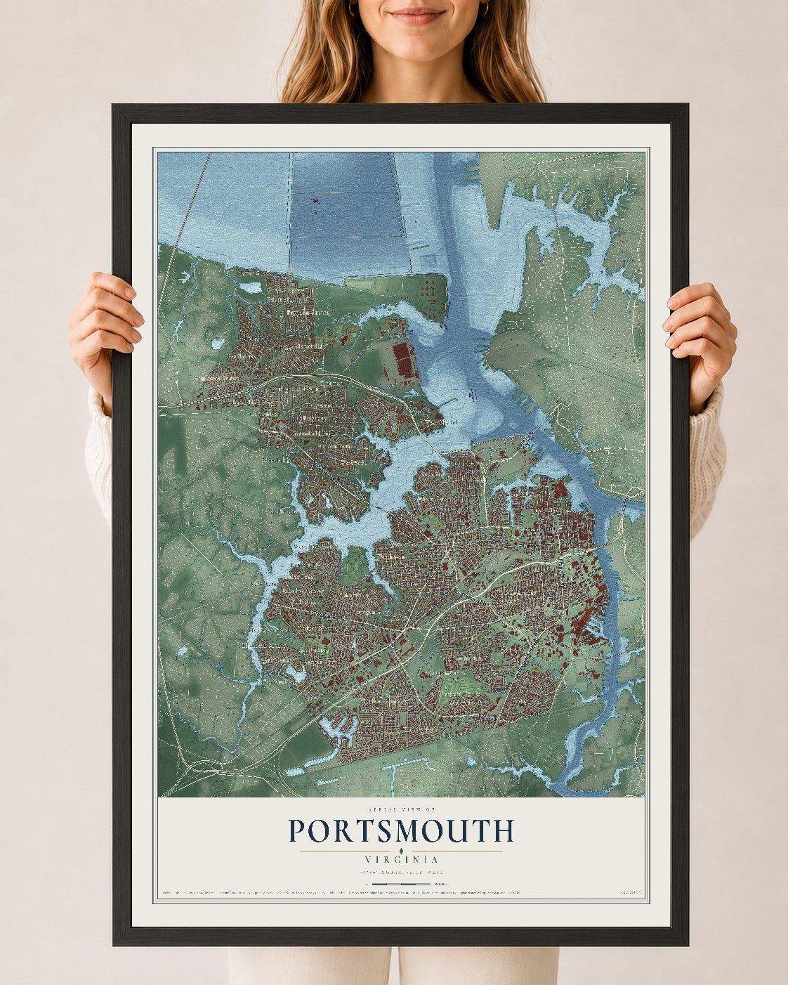 Map of Portsmouth, Virginia, 24 x 36 inch print in a black wood frame
