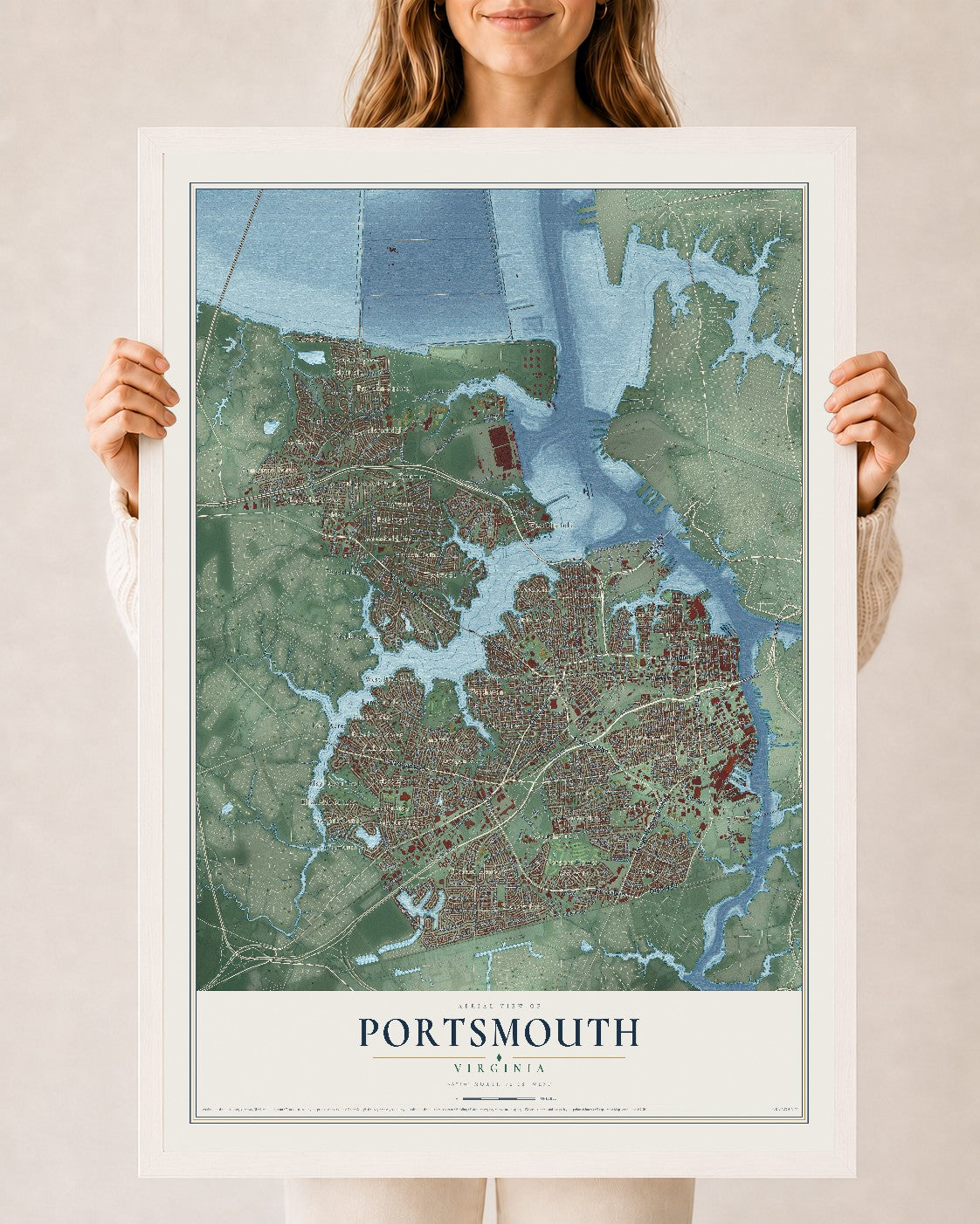 Map of Portsmouth, Virginia, 24 x 36 inch print in a white wood frame