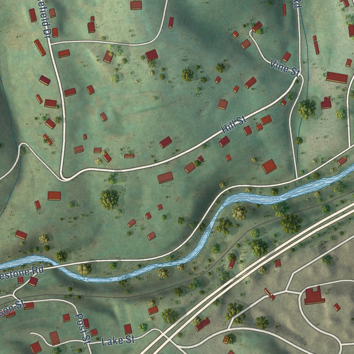 Close-up of the map of Pounding Mill, Virginia print showing street and building detail