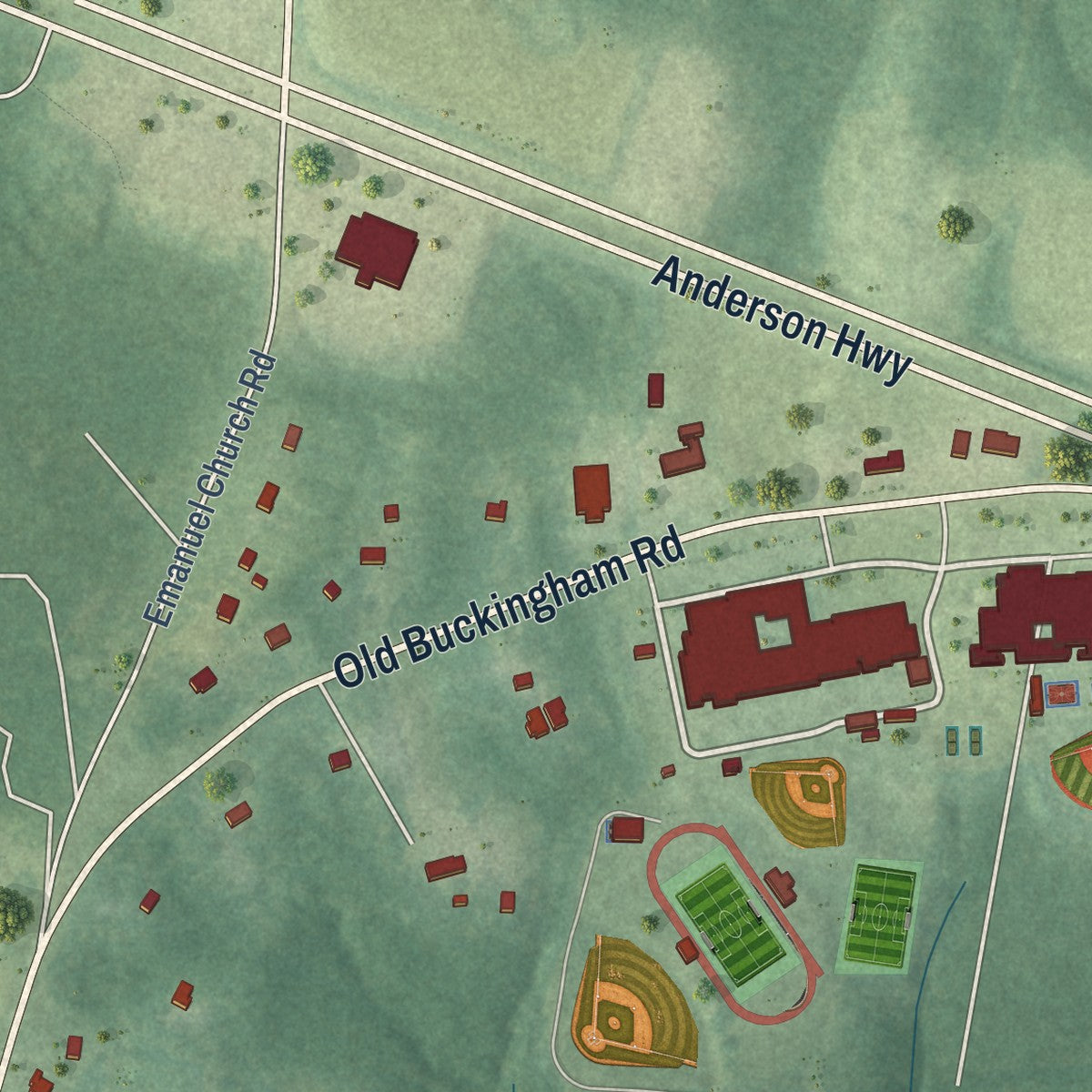 Close-up of the map of Powhatan, Virginia print showing street and building detail