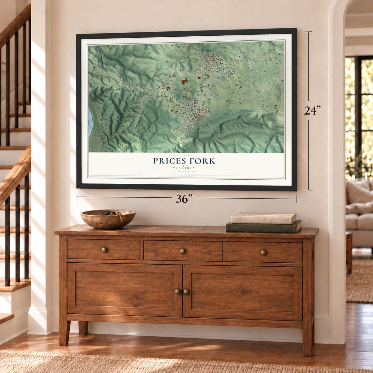Prices Fork, Virginia map, 24 x 36 inch print in a black frame above a dresser by a staircase