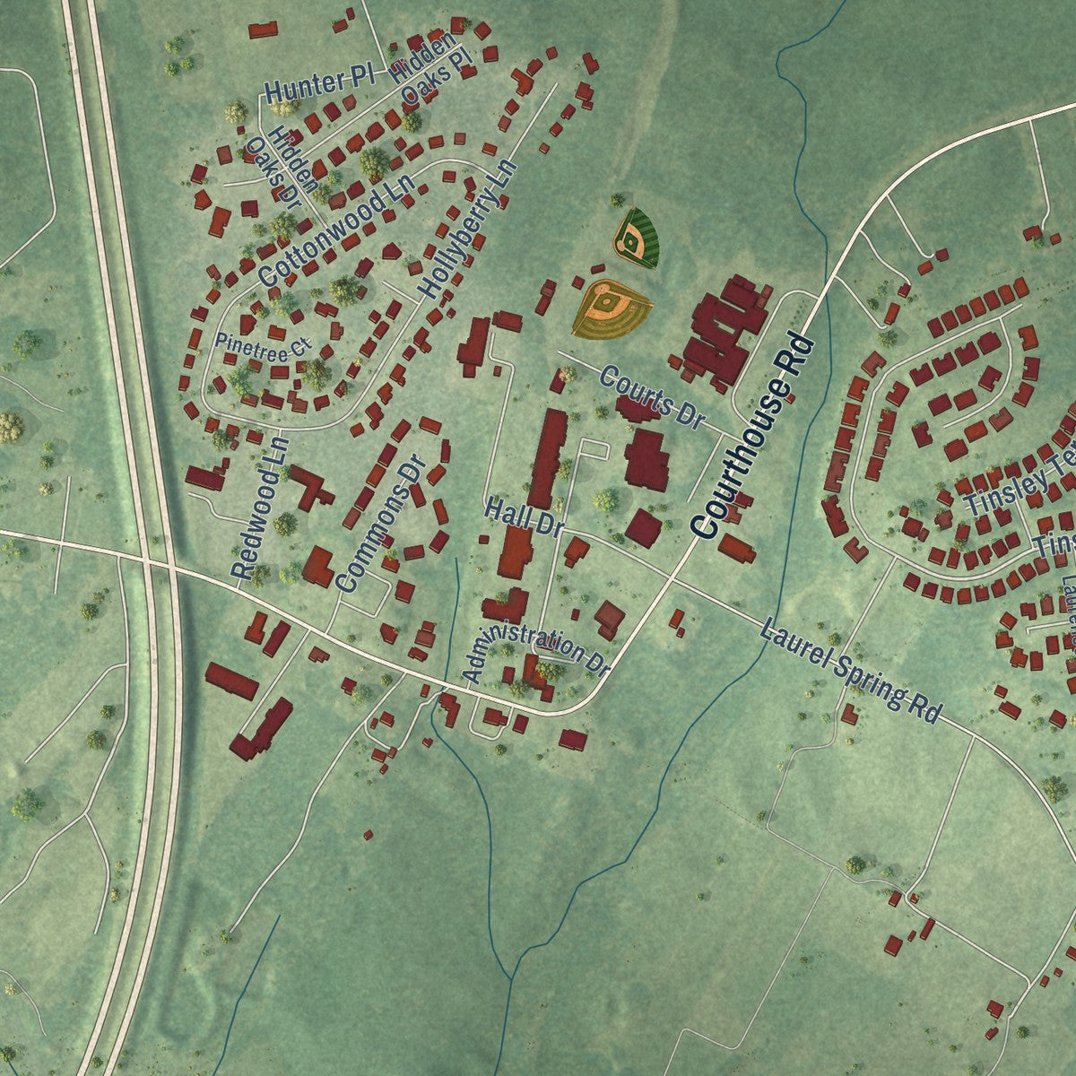 Close-up of the map of Prince George, Virginia print showing street and building detail