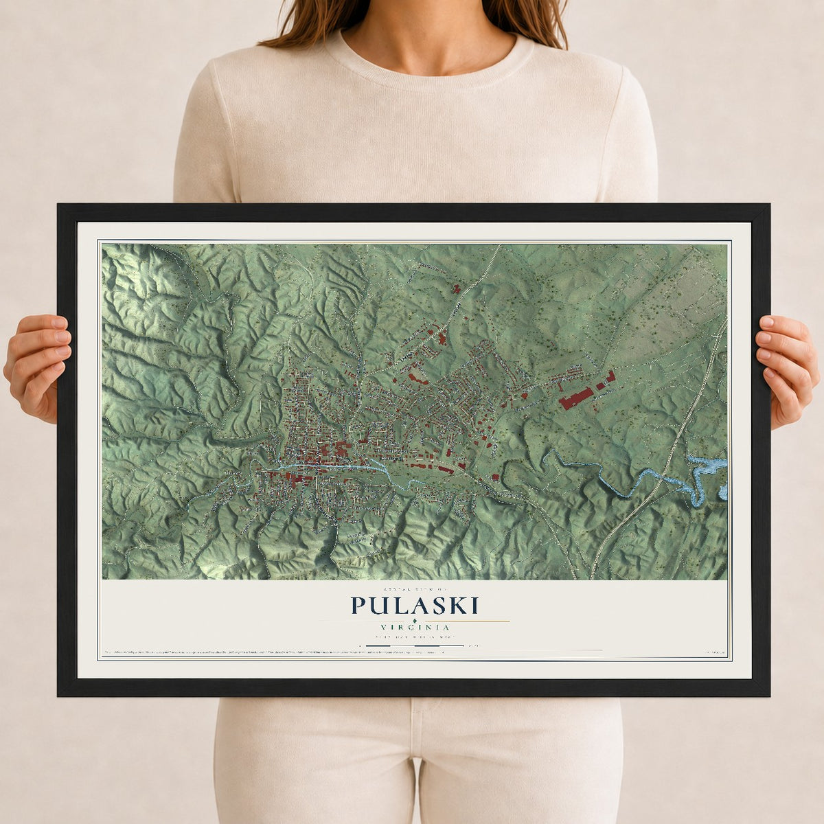 Map of Pulaski, Virginia, 12 x 18 inch print in a black wood frame