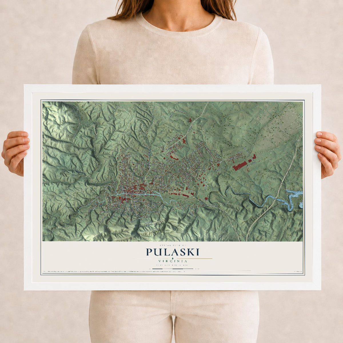 Map of Pulaski, Virginia, 12 x 18 inch print in a white wood frame