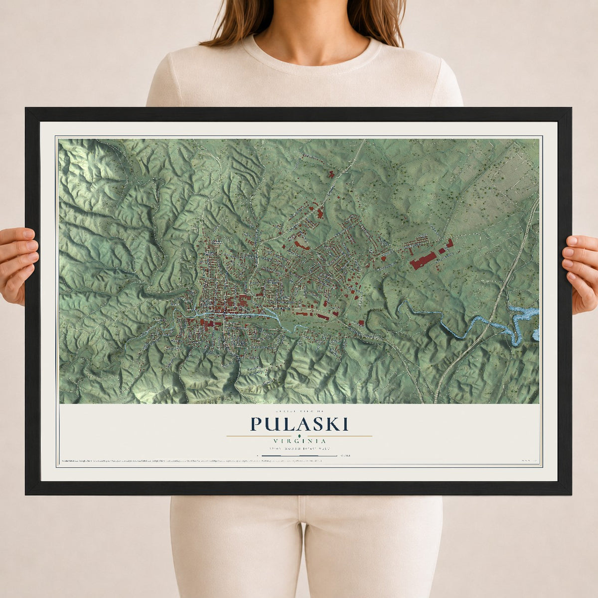 Map of Pulaski, Virginia, 18 x 24 inch print in a black wood frame