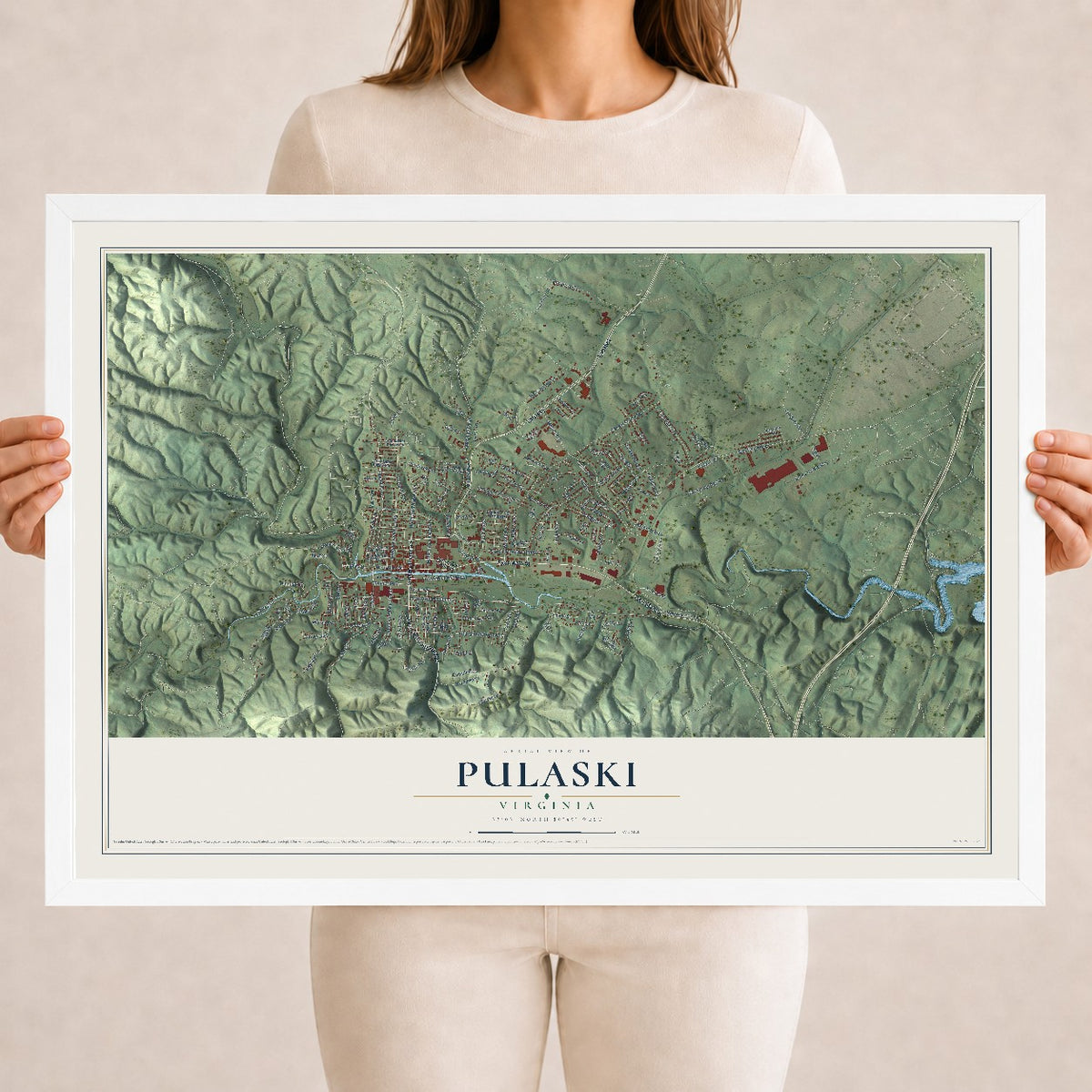 Map of Pulaski, Virginia, 18 x 24 inch print in a white wood frame