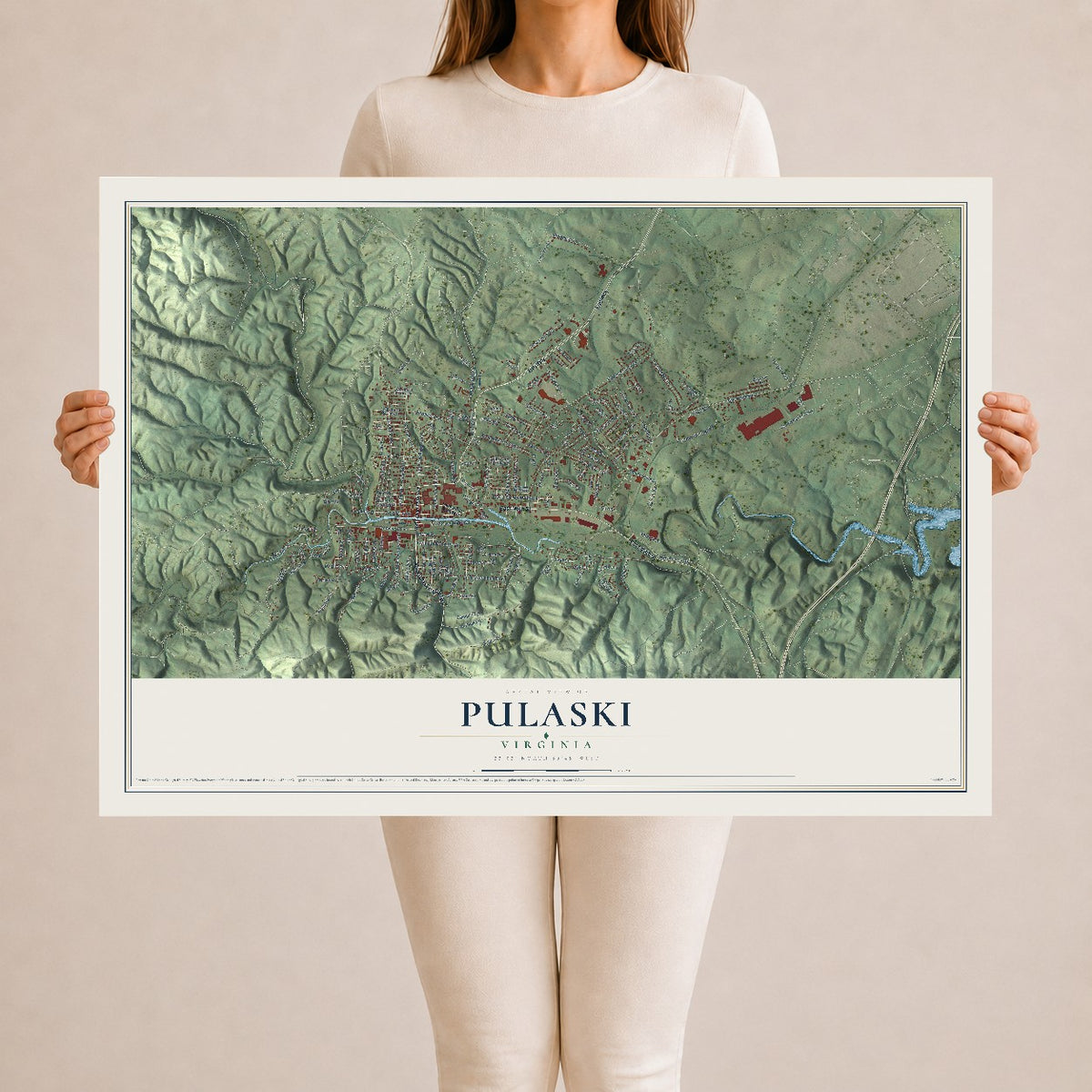 Map of Pulaski, Virginia, 24 x 36 inch unframed archival matte print