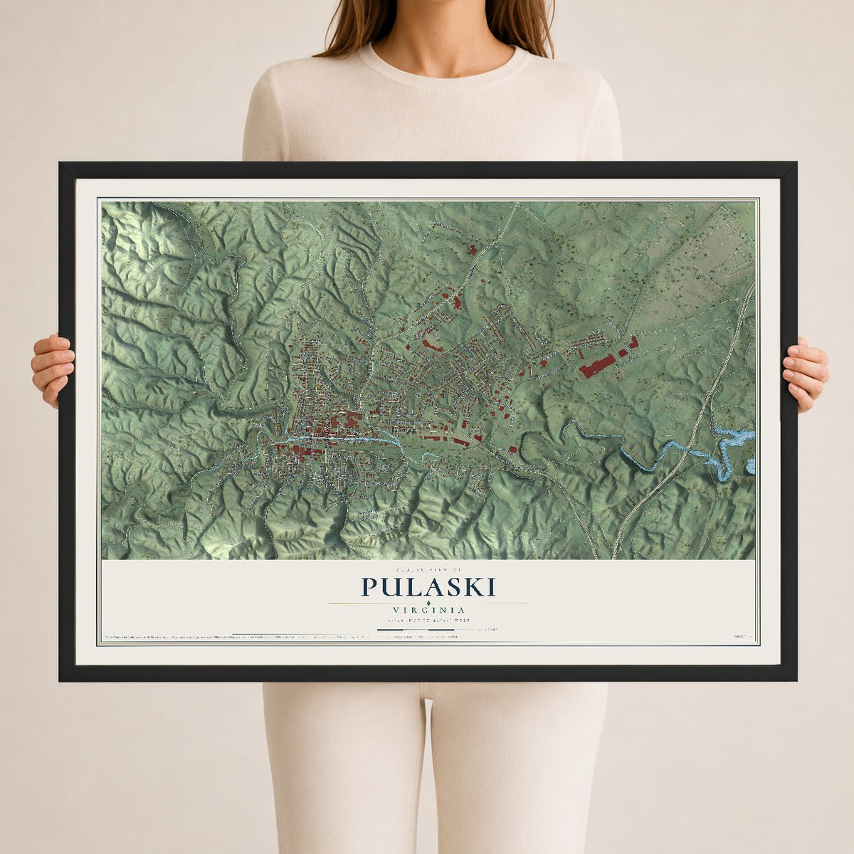 Map of Pulaski, Virginia, 24 x 36 inch print in a black wood frame