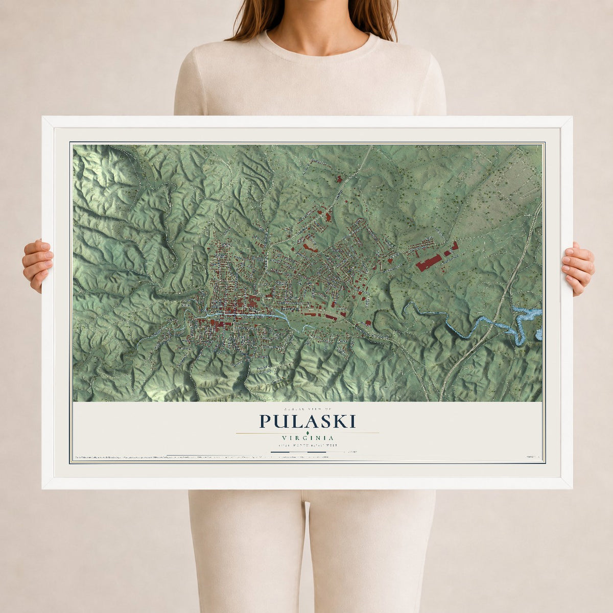 Map of Pulaski, Virginia, 24 x 36 inch print in a white wood frame