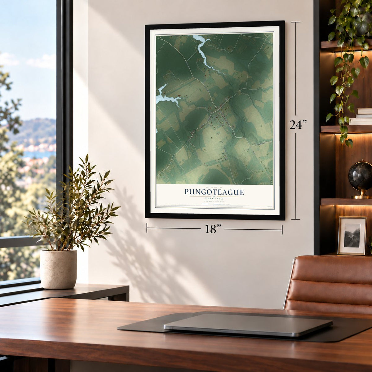 Pungoteague, Virginia map, 18 x 24 inch print in a black frame in a home office