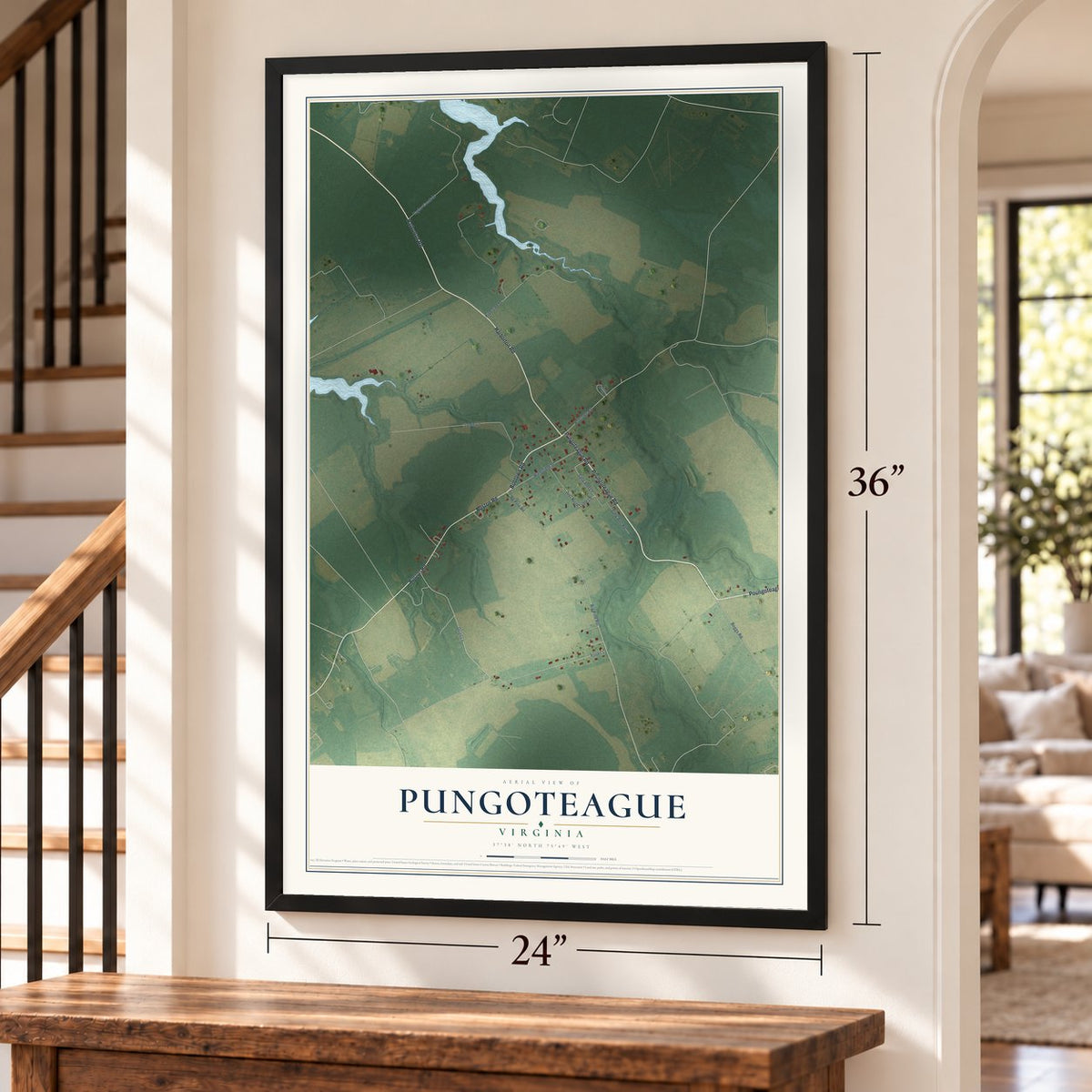 Pungoteague, Virginia map, 24 x 36 inch print in a black frame by a staircase