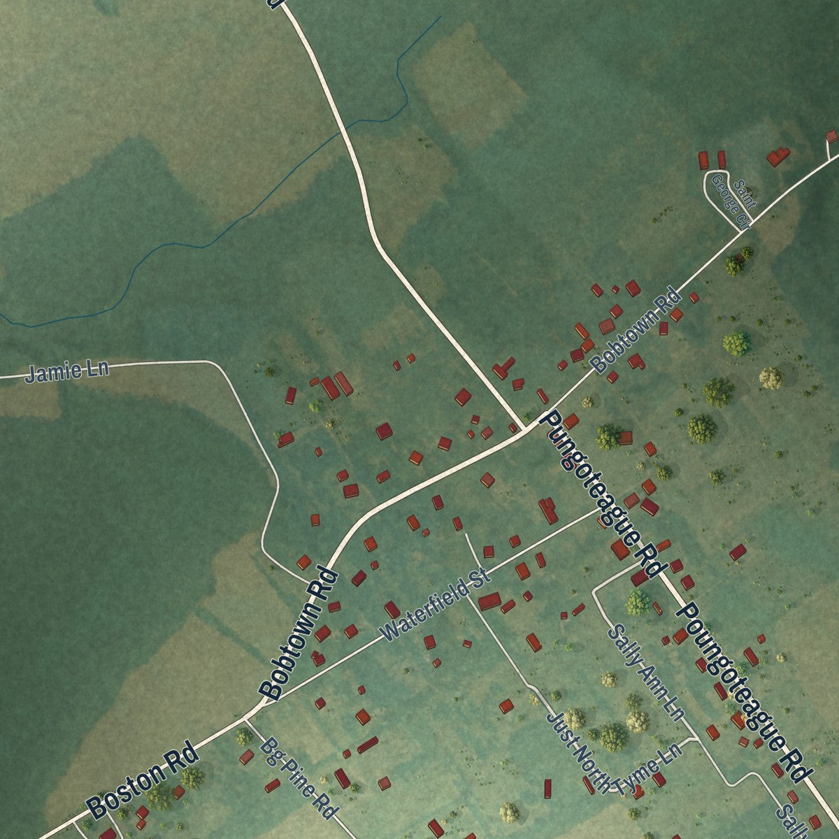 Close-up of the map of Pungoteague, Virginia print showing street and building detail