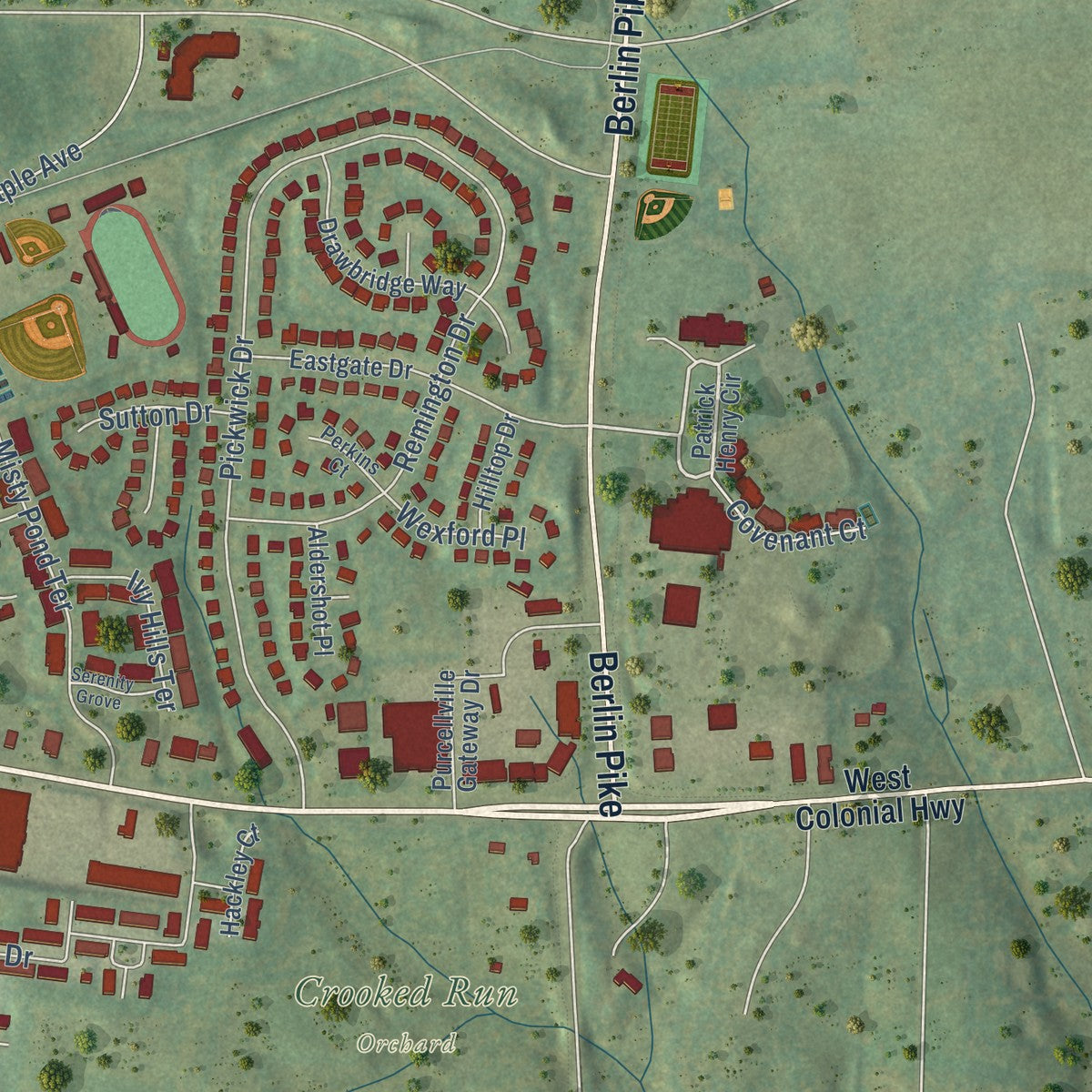 Second close-up of the map of Purcellville, Virginia print showing more streets and buildings