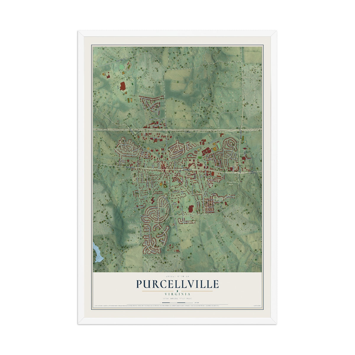 Map of Purcellville, Virginia, 12 x 18 inch print in a white wood frame