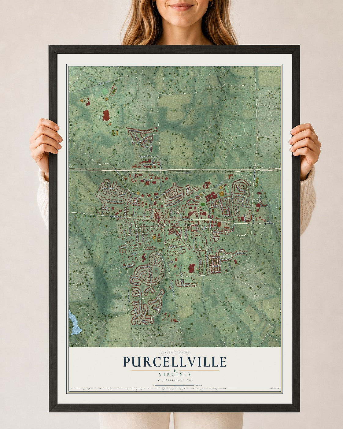 Map of Purcellville, Virginia, 24 x 36 inch print in a black wood frame