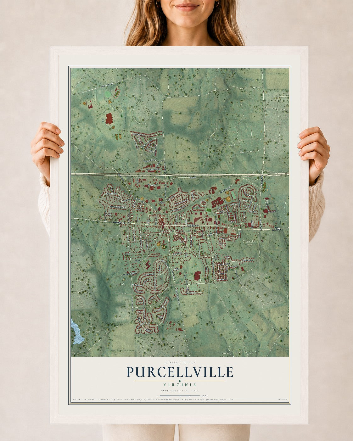 Map of Purcellville, Virginia, 24 x 36 inch print in a white wood frame
