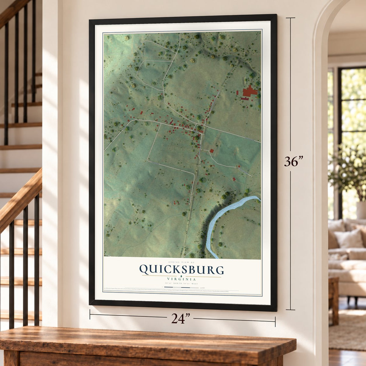 Quicksburg, Virginia map, 24 x 36 inch print in a black frame by a staircase