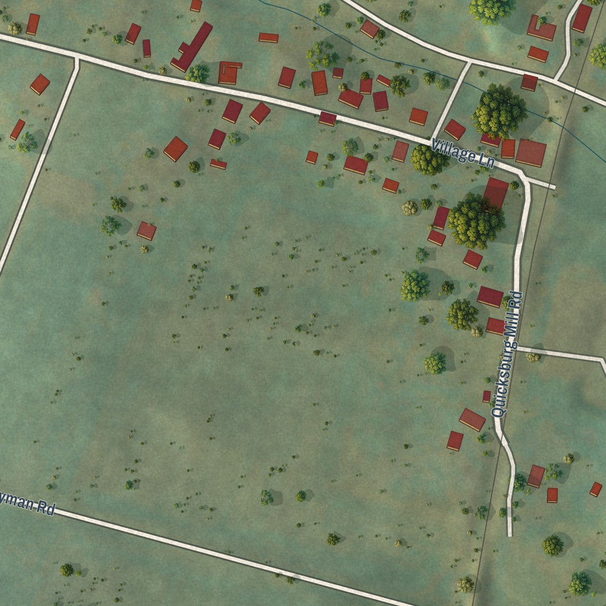 Close-up of the map of Quicksburg, Virginia print showing street and building detail