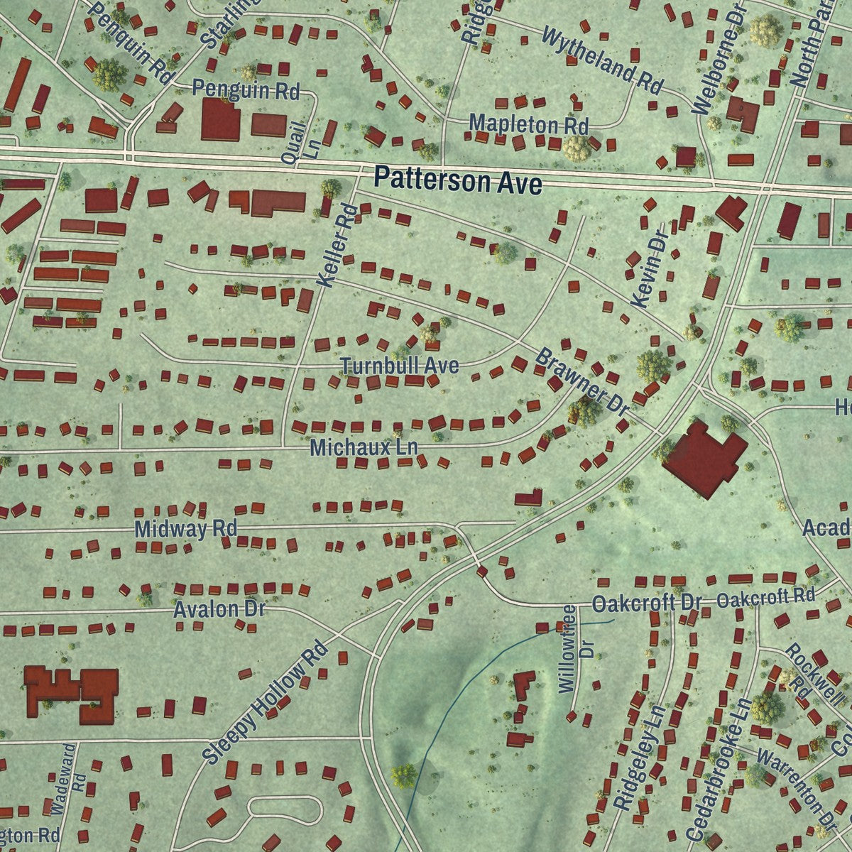Close-up of the map of Quioccasin, Virginia print showing street and building detail