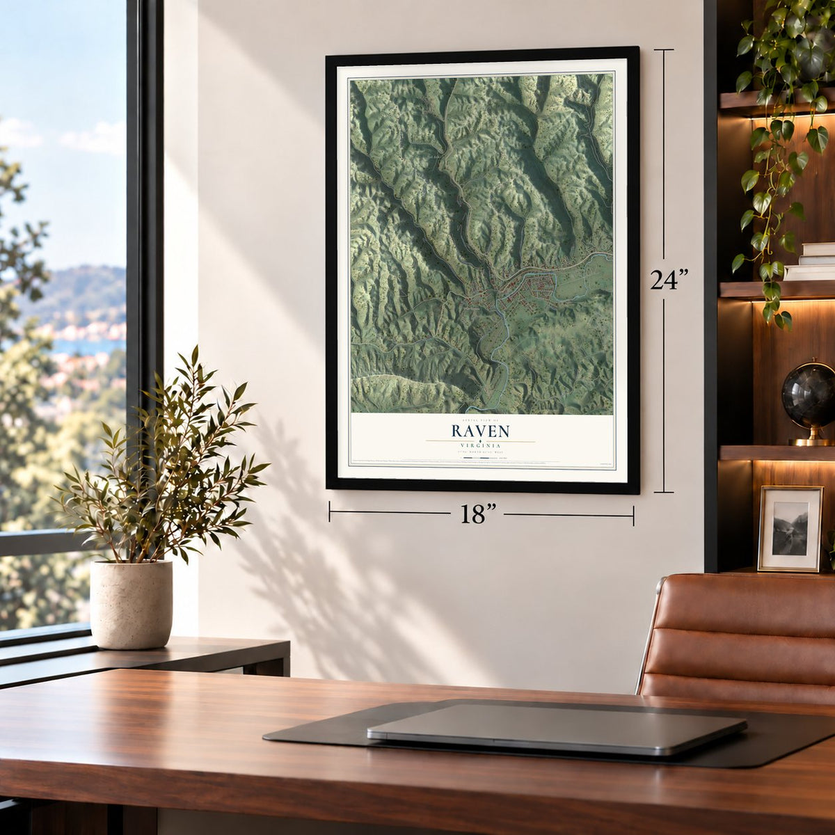 Raven, Virginia map, 18 x 24 inch print in a black frame in a home office
