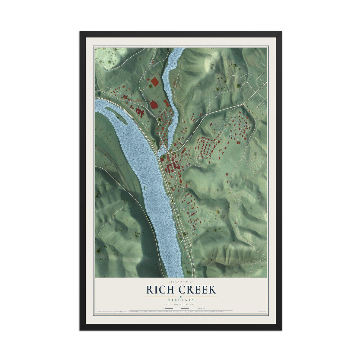 Map of Rich Creek, Virginia, 12 x 18 inch print in a black wood frame