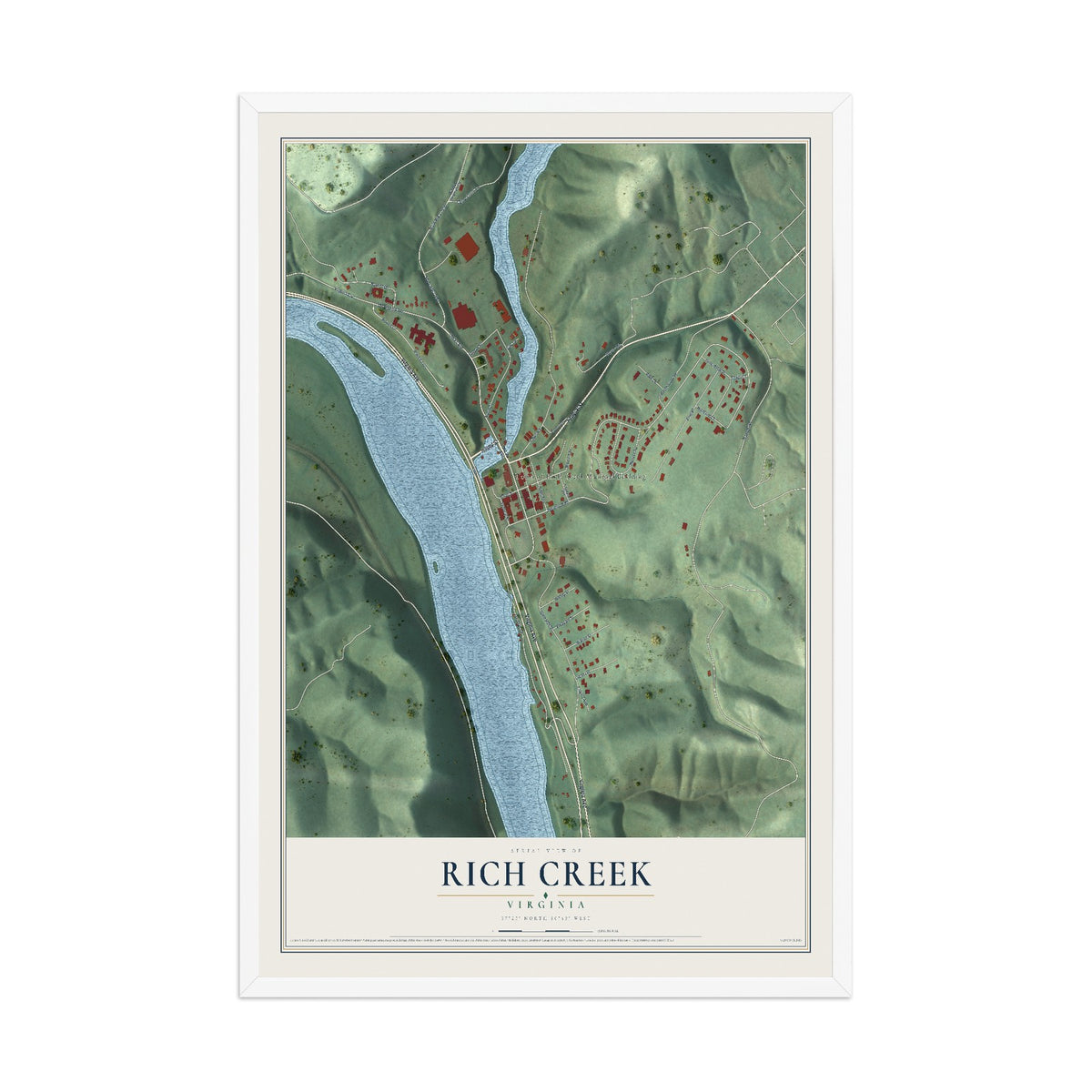 Map of Rich Creek, Virginia, 12 x 18 inch print in a white wood frame