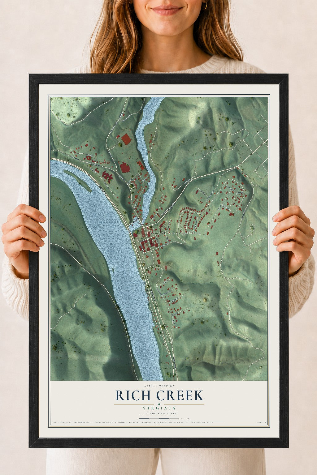 Map of Rich Creek, Virginia, 18 x 24 inch print in a black wood frame