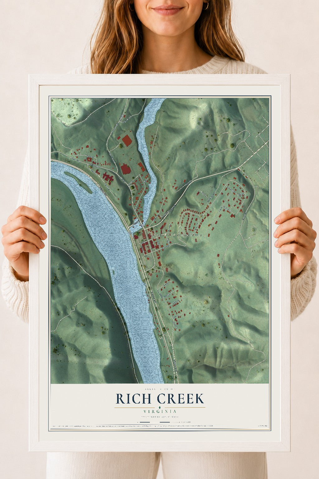 Map of Rich Creek, Virginia, 18 x 24 inch print in a white wood frame