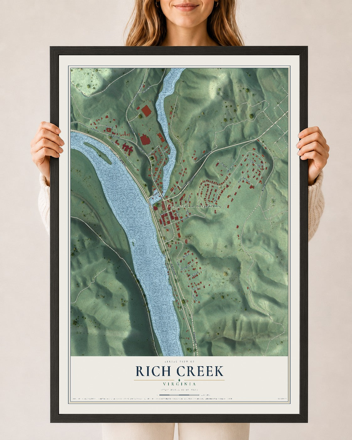 Map of Rich Creek, Virginia, 24 x 36 inch print in a black wood frame