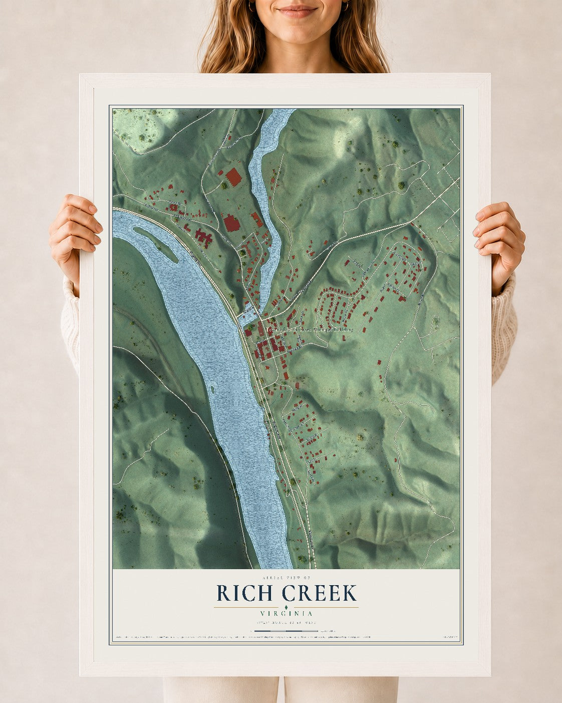 Map of Rich Creek, Virginia, 24 x 36 inch print in a white wood frame