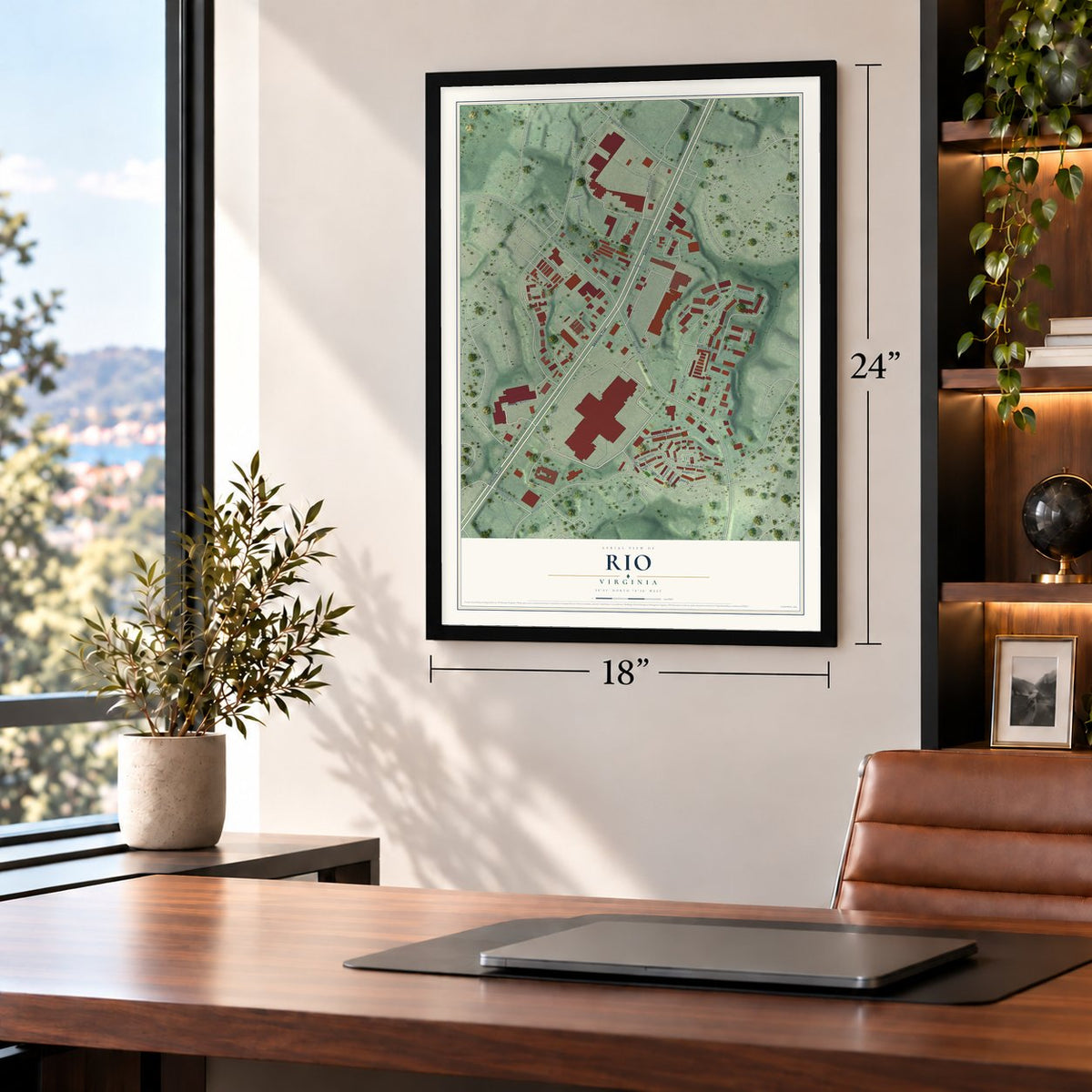 Rio, Virginia map, 18 x 24 inch print in a black frame in a home office