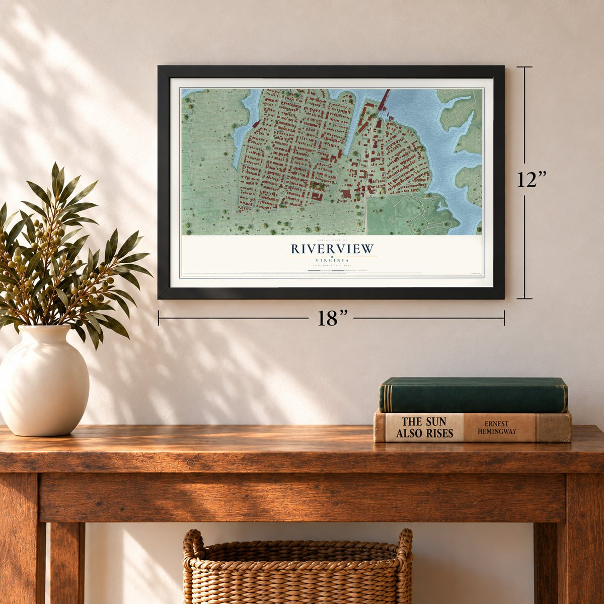 Riverview, Norfolk, Virginia map, 12 x 18 inch print in a black frame in an entryway