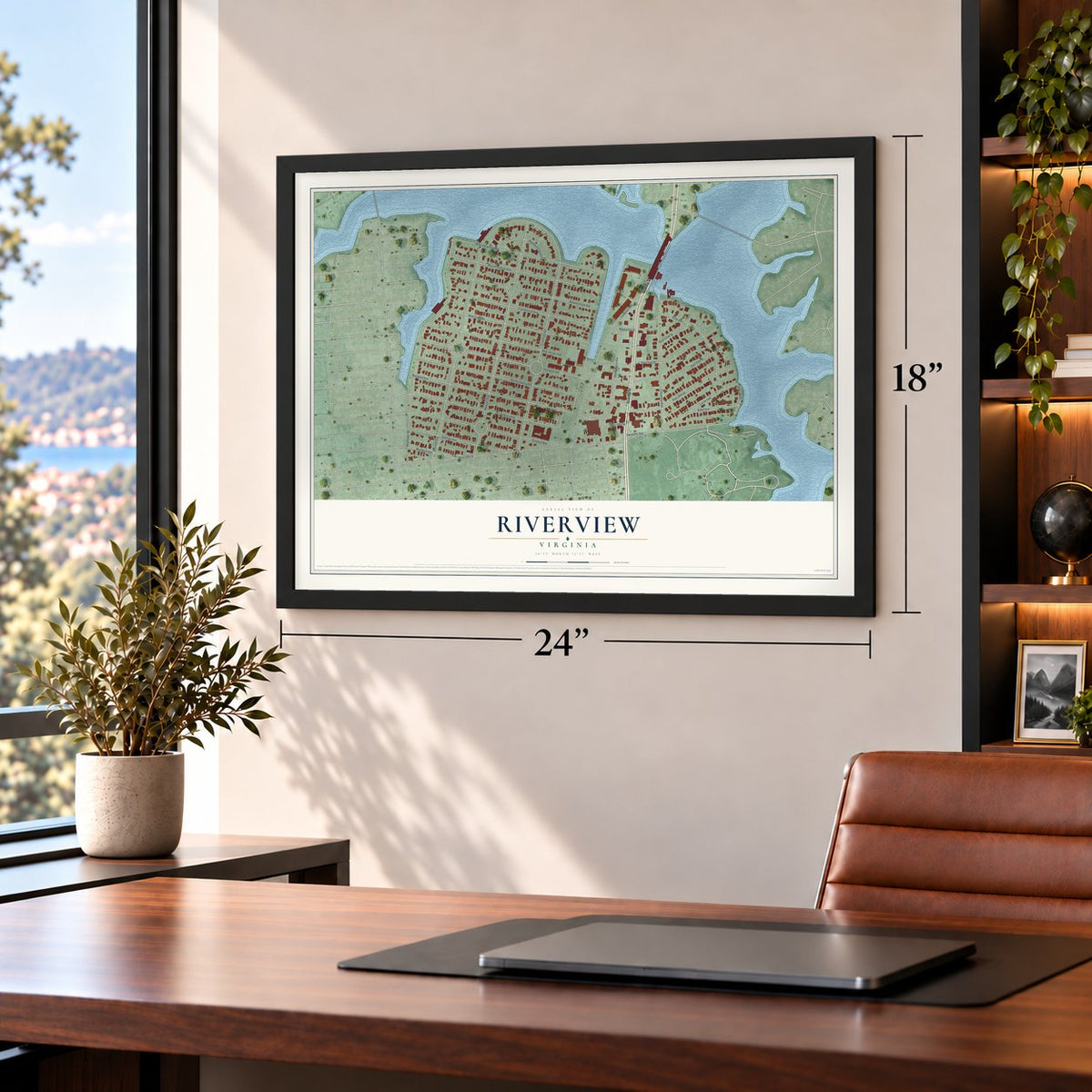 Riverview, Norfolk, Virginia map, 18 x 24 inch print in a black frame in a home office