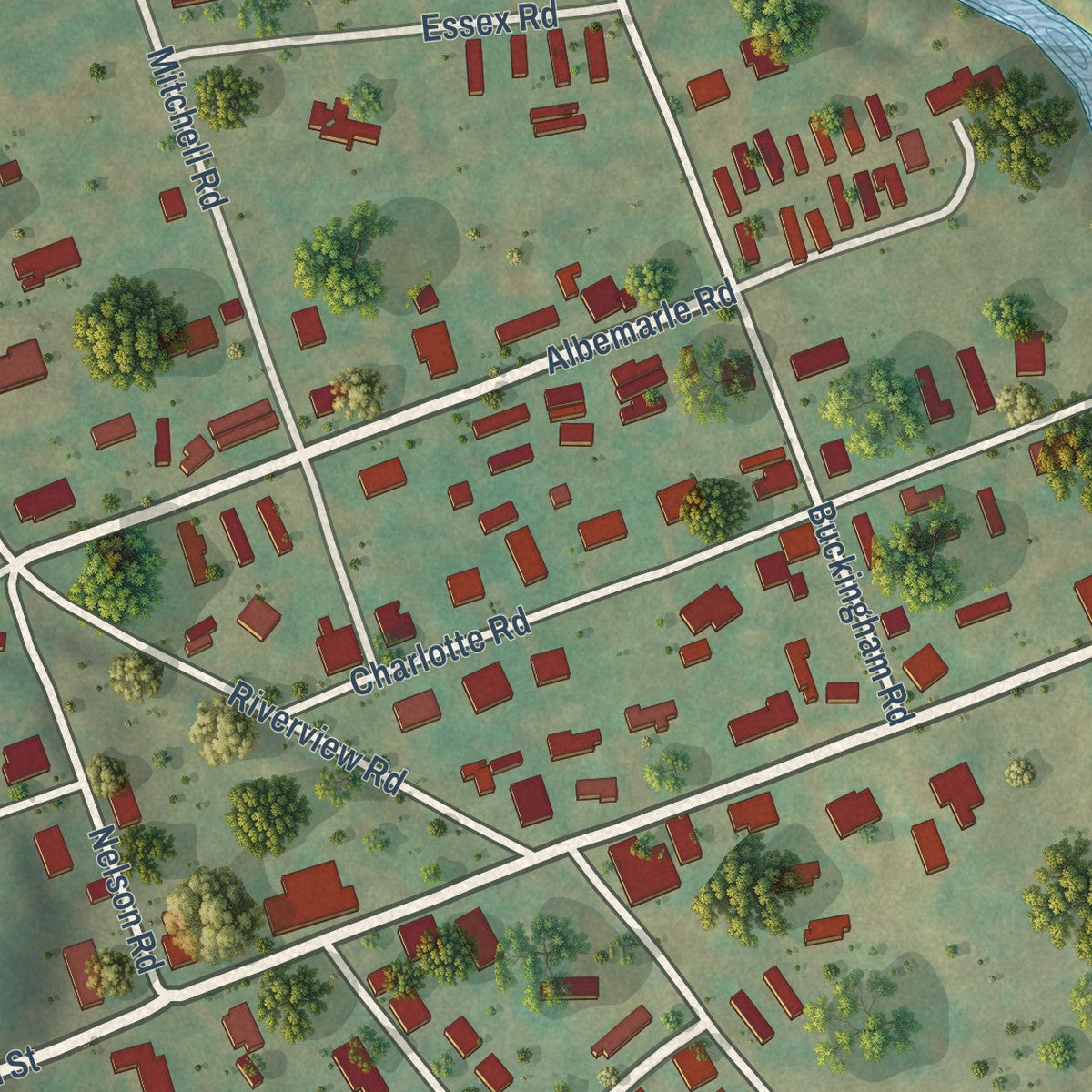 Close-up of the map of Riverview, Virginia print showing street and building detail