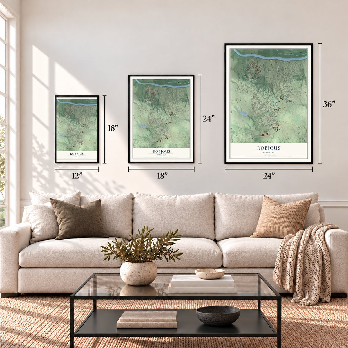 Robious, Virginia map in 12 x 18, 18 x 24 and 24 x 36 inch sizes above a sofa