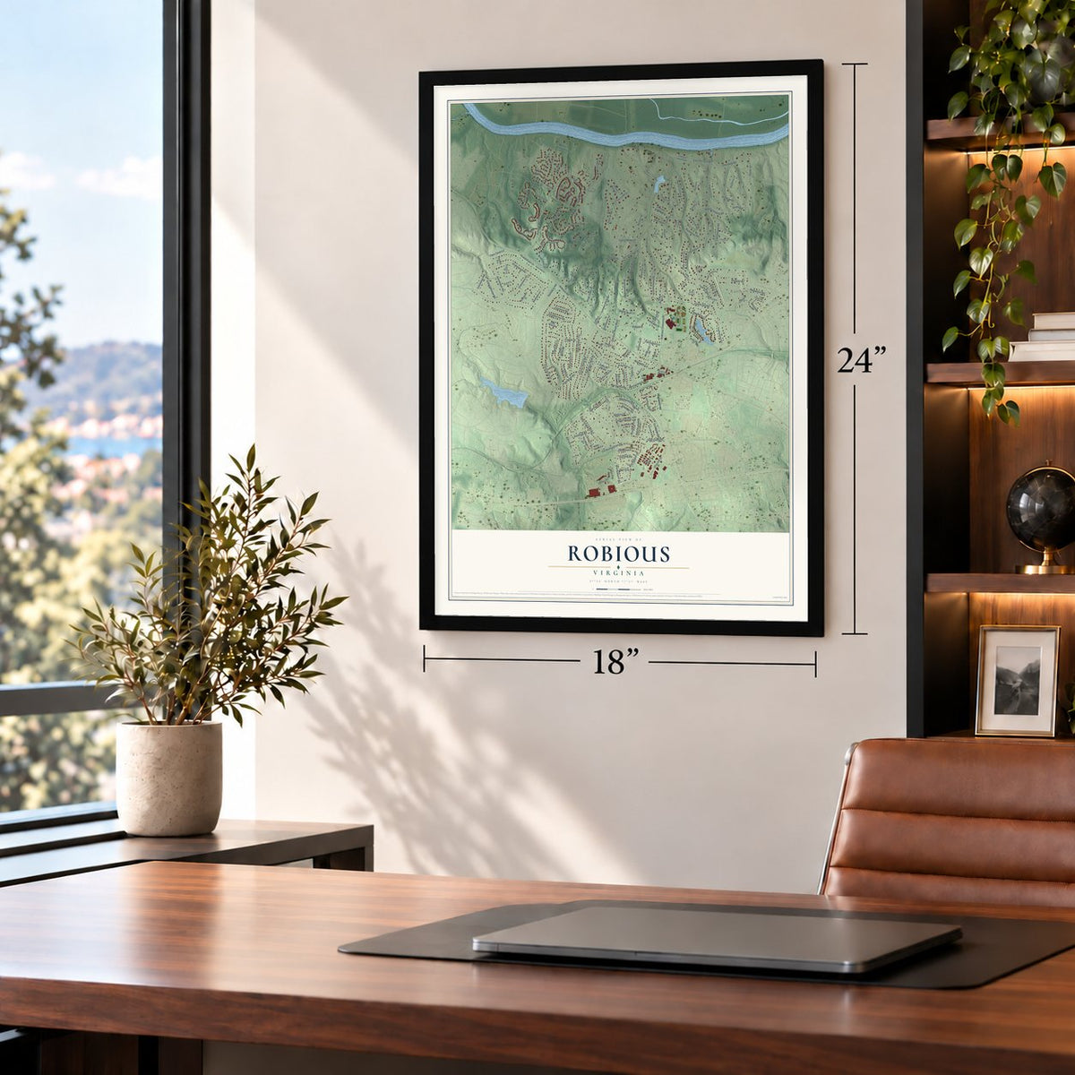 Robious, Virginia map, 18 x 24 inch print in a black frame in a home office
