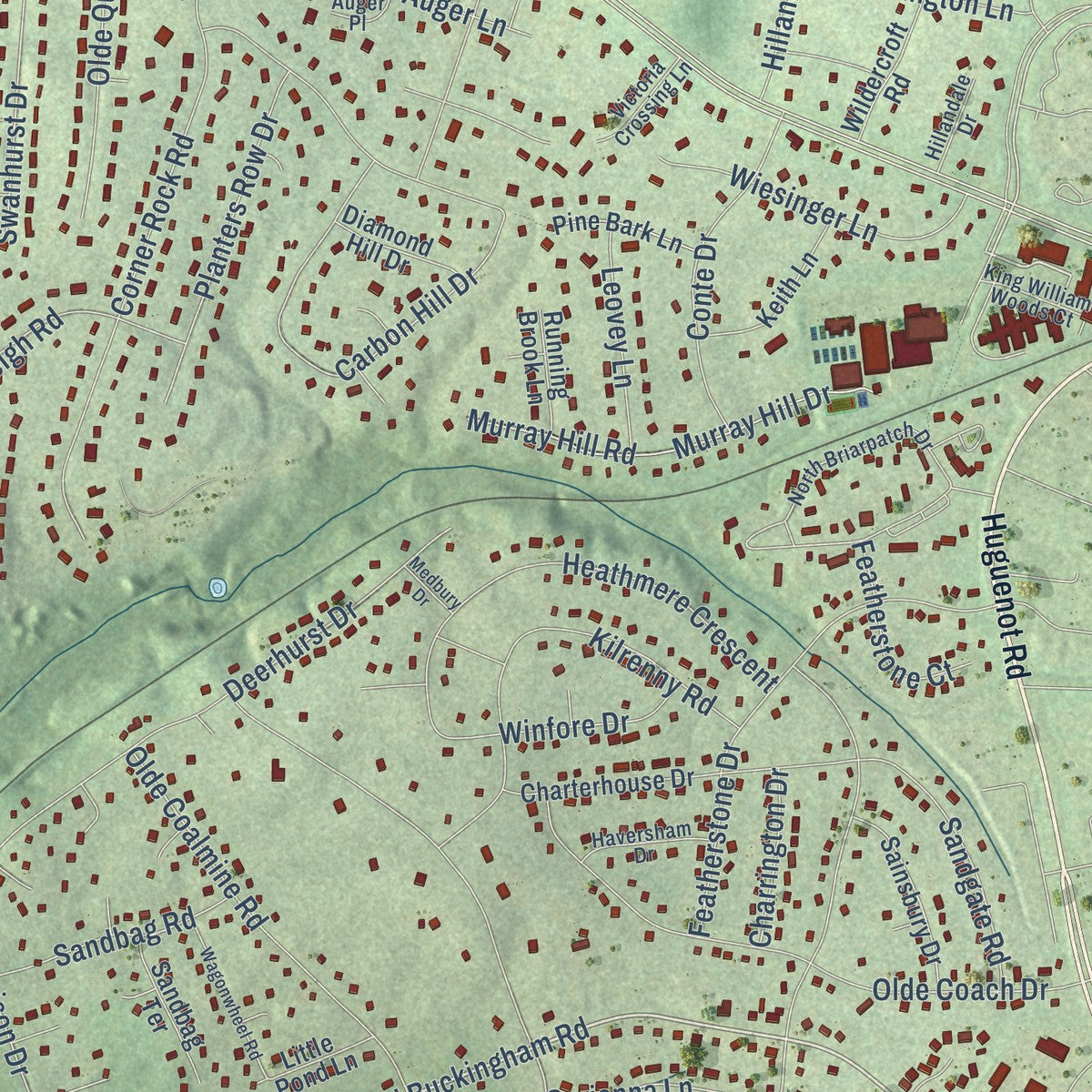 Close-up of the map of Robious, Virginia print showing street and building detail
