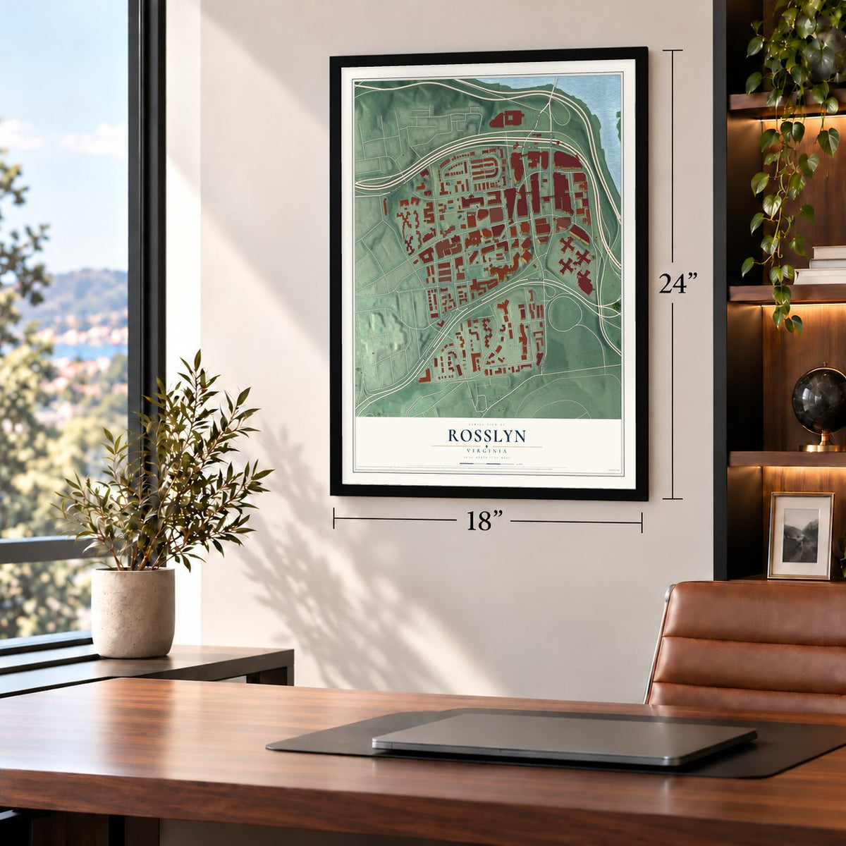 Rosslyn, Virginia map, 18 x 24 inch print in a black frame in a home office