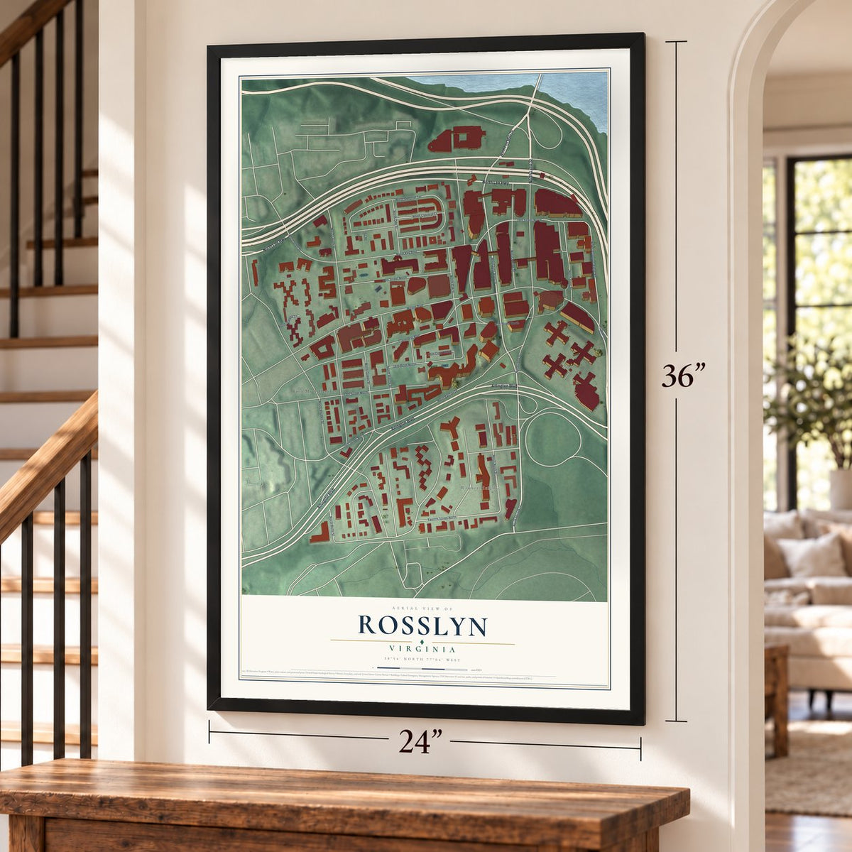 Rosslyn, Virginia map, 24 x 36 inch print in a black frame by a staircase