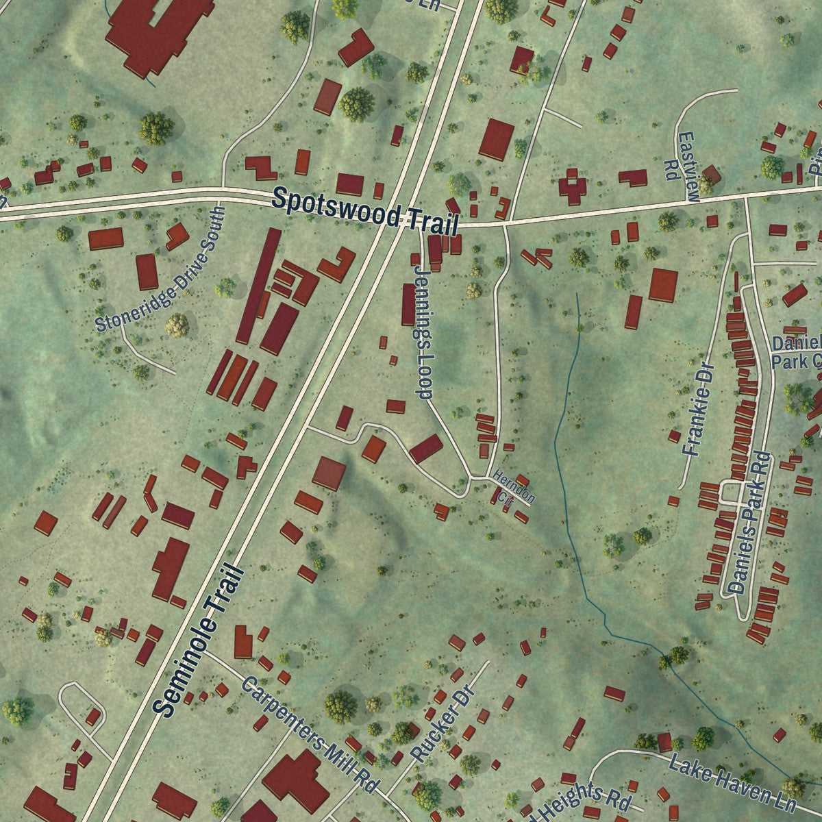 Close-up of the map of Ruckersville, Virginia print showing street and building detail