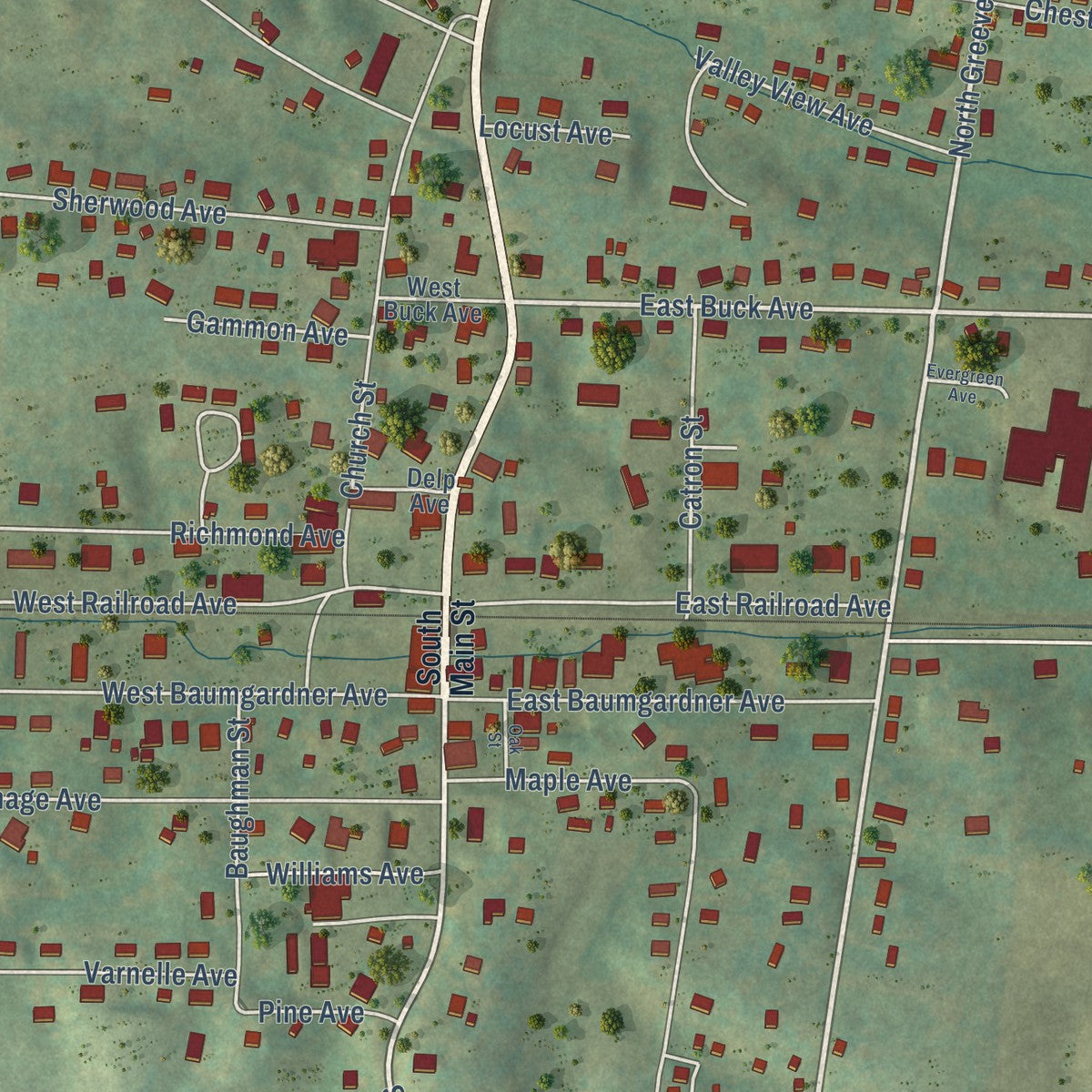 Close-up of the map of Rural Retreat, Virginia print showing street and building detail