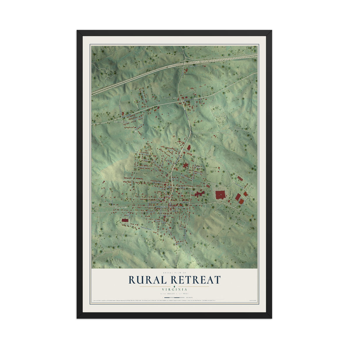 Map of Rural Retreat, Virginia, 12 x 18 inch print in a black wood frame
