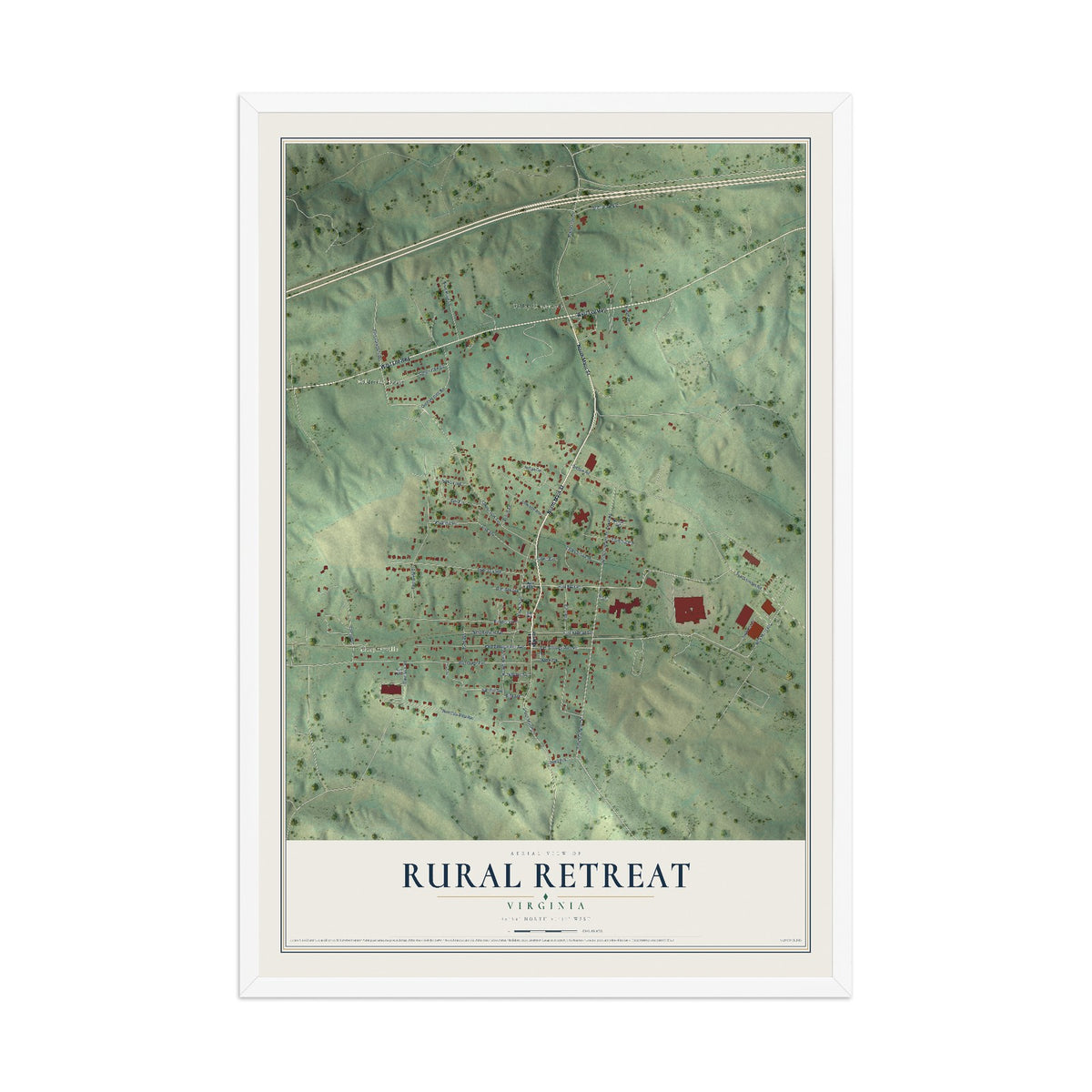 Map of Rural Retreat, Virginia, 12 x 18 inch print in a white wood frame