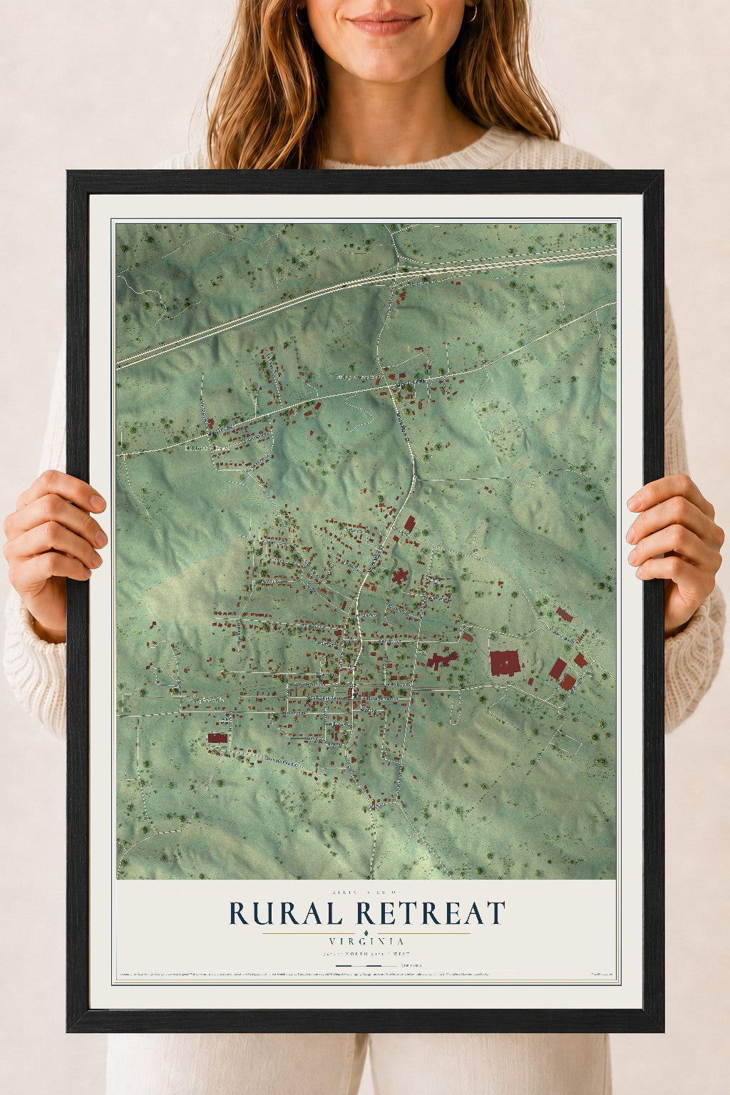 Map of Rural Retreat, Virginia, 18 x 24 inch print in a black wood frame