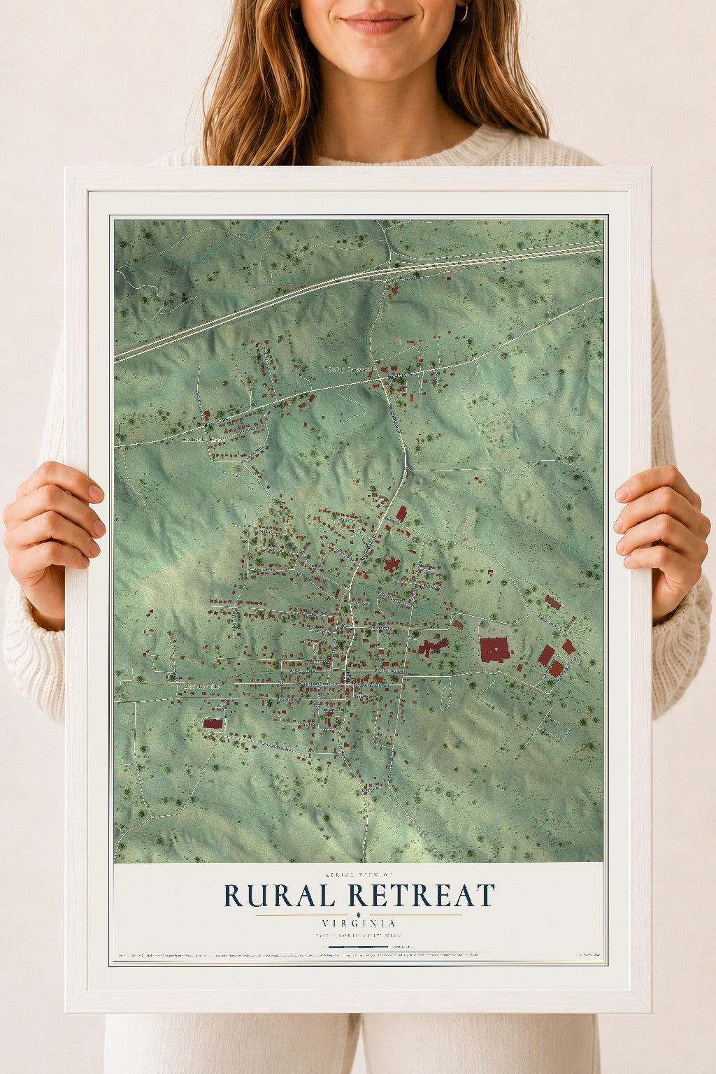 Map of Rural Retreat, Virginia, 18 x 24 inch print in a white wood frame
