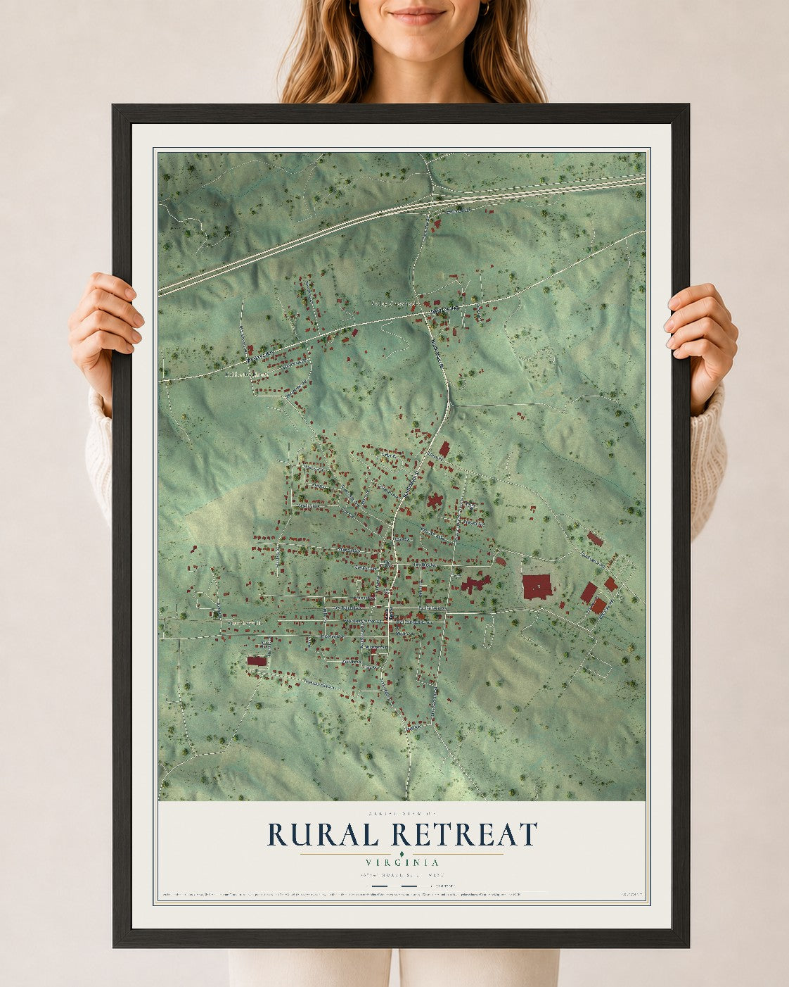 Map of Rural Retreat, Virginia, 24 x 36 inch print in a black wood frame