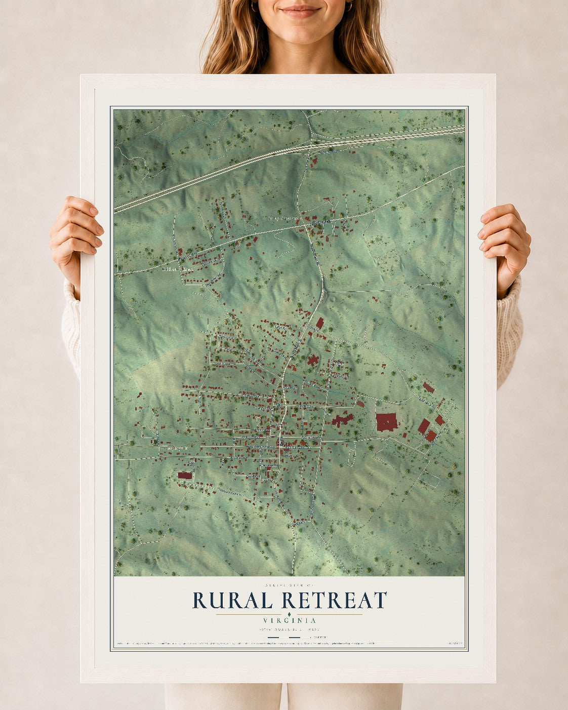 Map of Rural Retreat, Virginia, 24 x 36 inch print in a white wood frame