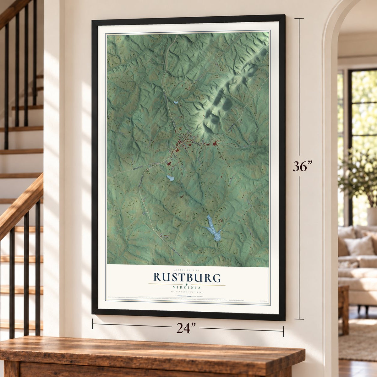 Rustburg, Virginia map, 24 x 36 inch print in a black frame by a staircase