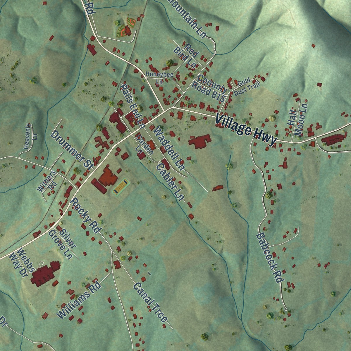 Close-up of the map of Rustburg, Virginia print showing street and building detail